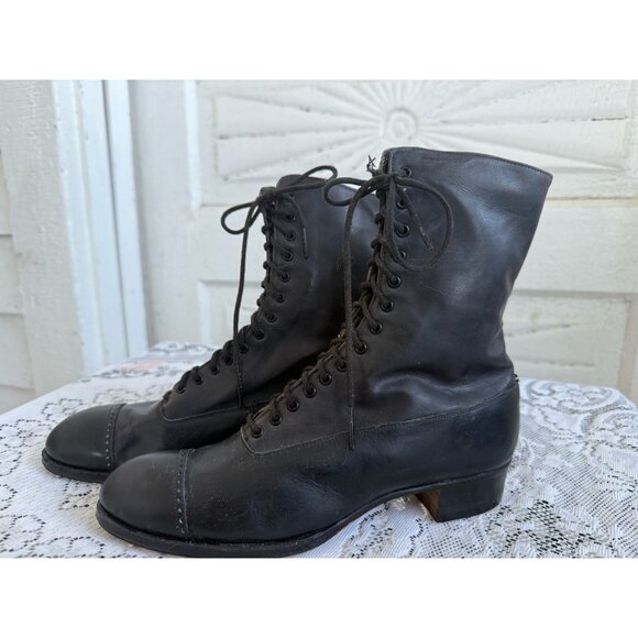 Antique 1910s Edwardian Womens Black Leather High Lace Up Boots sz-4-5 - Picture 8 of 16